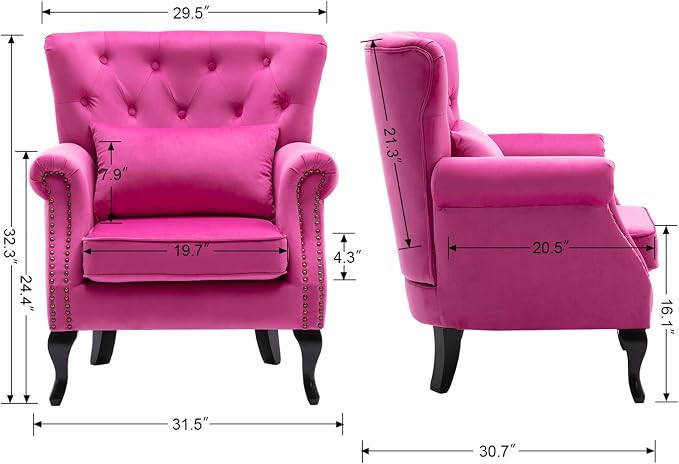 Set of 2 Mid-Century Modern Accent Chair, Velvet Armchair w/Tufted Back/Wood - Image 3