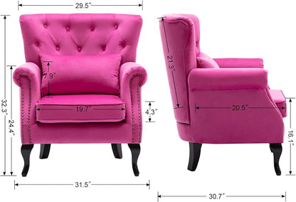 Set of 2 Mid-Century Modern Accent Chair, Velvet Armchair w/Tufted Back/Wood - Image 3