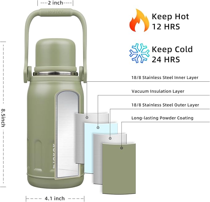 BJPKPK 27oz Insulated Thermos Water Bottle with Lid and Carry Handle BPA Free Stainless Steel Water Bottles for School,Army Green