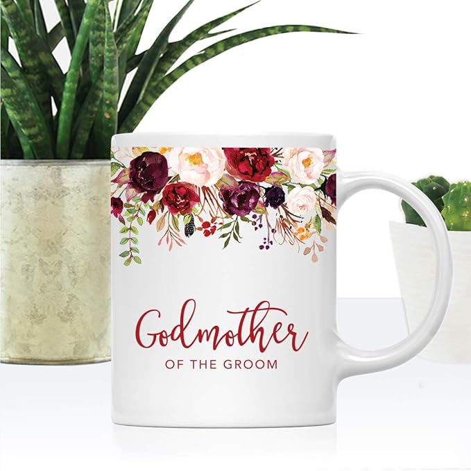 Andaz Press 11oz. Wedding Ceramic Coffee Tea Mug Gift, Fall Autumn Marsala Burgundy Flowers Roses Florals, Godmother of the Groom, 1-Pack, Includes Gift Box