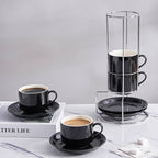 8 Ounce Porcelain Cappuccino Cups with Saucers and Silver Stand, Black Cups Set of 4