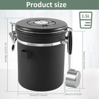 4PCS Coffee Storage Canister 1.5L Double Airtight Coffee Beans Container with Date Locator 304 Stainless Steel Kitchen Food Storage Container with Spoon for Tea Sugar,Black