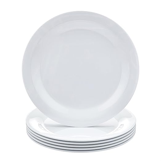 Amazon Basics Melamine (Plastic) Plate, 6 Piece Set, 10.5 in, White