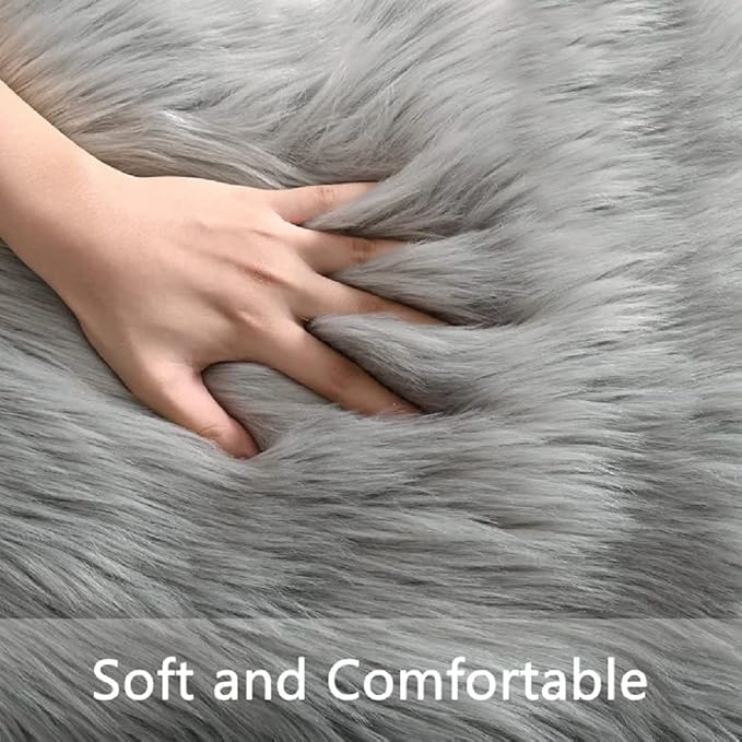 ORINOVA Light Grey Furry Washable Sheepskin Fur Area Rugs - Image 7