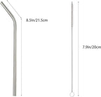 10 Pcs Stainless Steel Straws, Reusable Drinking Straws, Bent Metal Straw Sets with 2 Pcs Cleaning Brushes (Silver, 8.5 Inch)