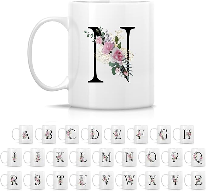 Retreez Initial A-Z Floral Botanical Bouquet Alphabet Monogrammed Monogram Mug 11 Oz Ceramic Tea Coffee Mugs - Appreciation Thank You Wedding Birthday Gifts for her friend coworker sister - N Initial