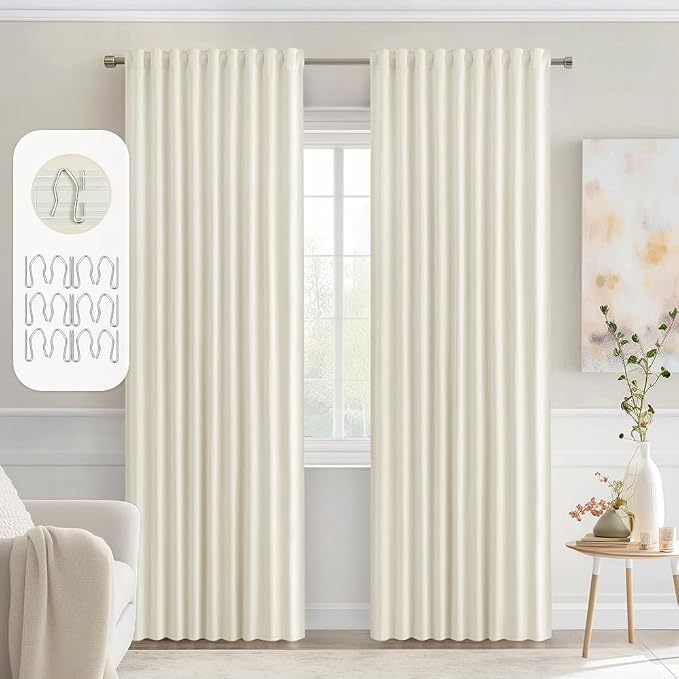 MIULEE Cream Back Tab Blackout Curtains 52x90 Inch Long 2 Panels Set | Rod by MIULEE