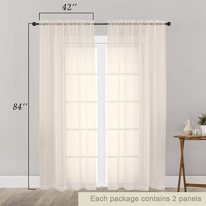 Cream Sheer Curtains 84 Inches Long 2 Panels Set - Image 2