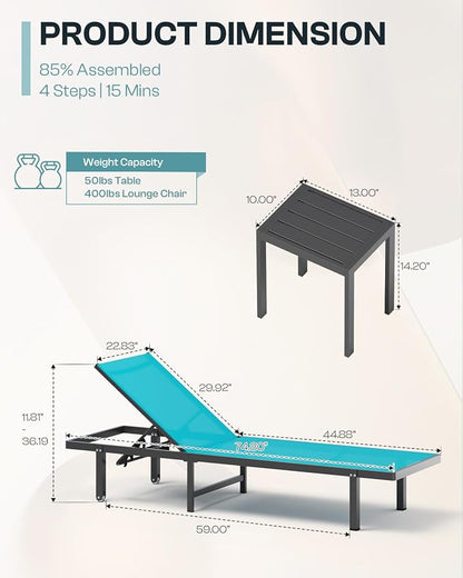 Lounge Chair Outdoor with Wheels, Aluminum Patio Chaise Lounge Chair with 5 - Image 2