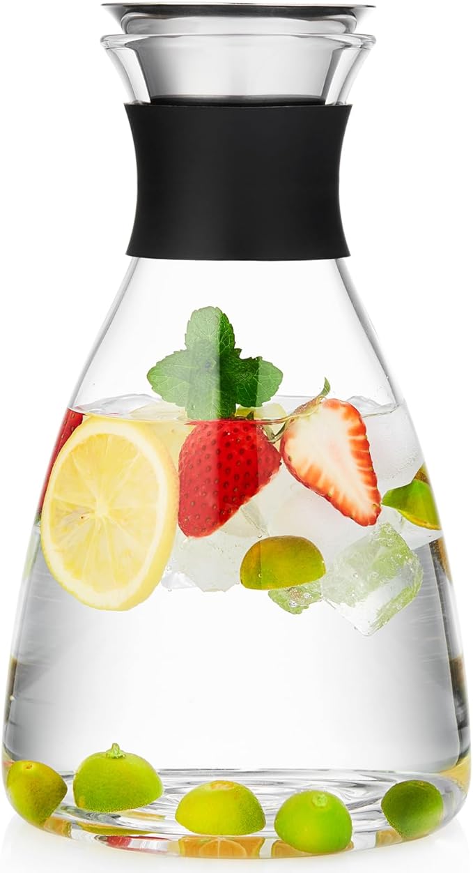 Glass Pitcher with Lid and Spout, 42OZ, Glass Water Jug for Fridge, Glass Carafe with Lid for Hot/Cold Water, Large Pitcher for Coffee, Juice,Homemade Iced Tea Beverage 1250ML