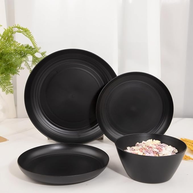 LIYH 48 Pcs Black Wheat Straw Plates and Bowls Dinnerware Set Camping Dish Set for 12, Plastic Plates and Bowls, Dishwasher Safe Dinnerware Sets, Unbreakable Plastic Camper Dishes Sets