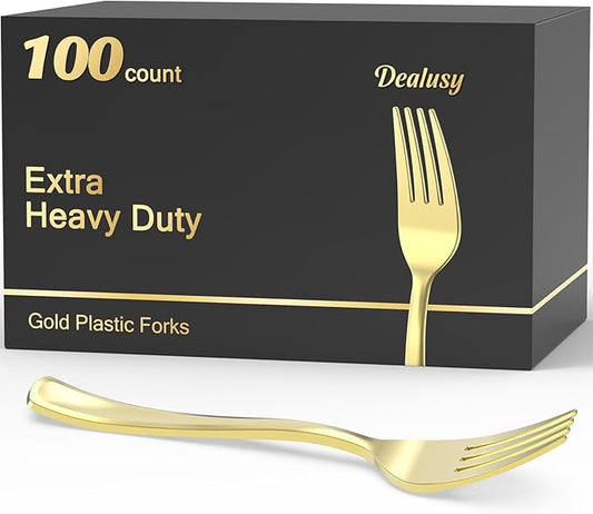 100 Count Heavy Duty Gold Plastic Forks Disposable, BPA-Free, Heat Resistant, Solid and Durable Premium Plastic Disposable Forks for Party Supply
