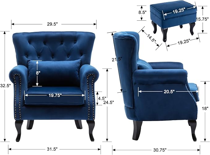 Accent Chairs with Ottoman Set of 2 Velvet Wingback Club Chair Upholstered - Image 3