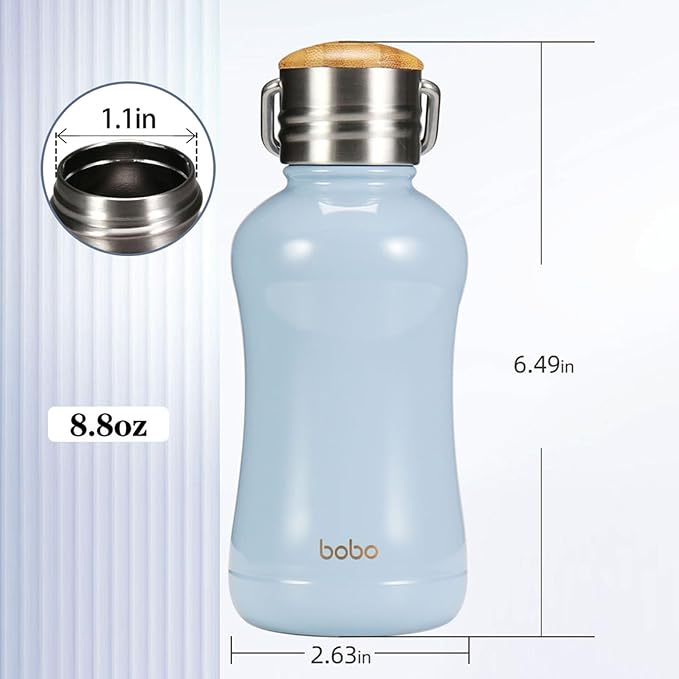 YOHKOH Mini Insulated Water Bottle With Bamboo Lid - 8.8oz Small Vacuum Insulated Water Bottle for Women Kids, 12 Hrs Hot & 24 Hrs Cold Stainless Steel Thermos Leak-Proof BPA-Free (8.8oz,Blue)