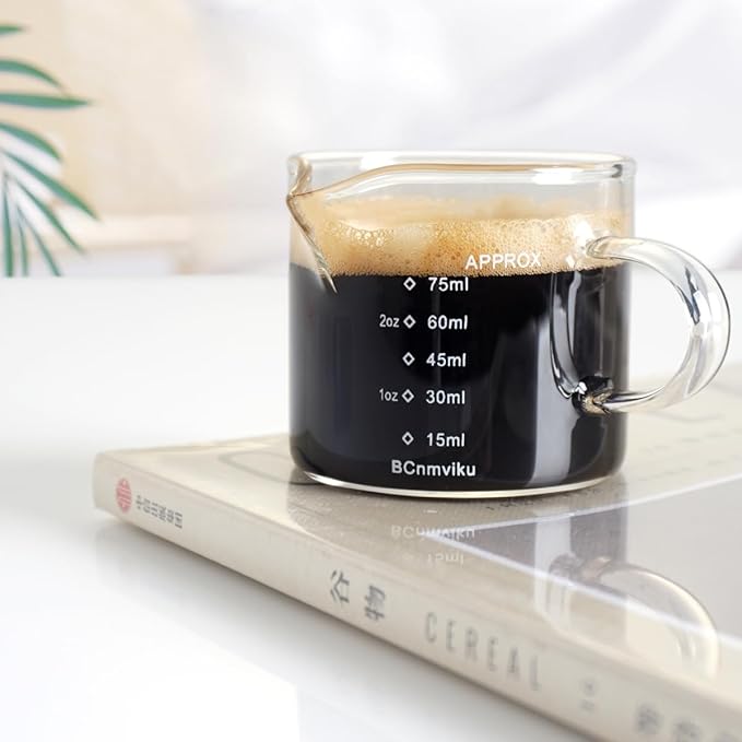 BCnmviku Espresso Glass Measuring Cup Triple Pitcher Milk Cup 75ML Espresso Cups with Handle Espresso Shot Glass with V-Shaped Mouth Clear Accessories Milk Frothing Pitcher (1)
