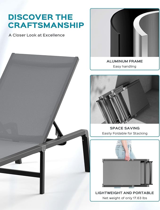 Patio Chaise Lounge Chair Set of 4, Foldable Lounge Chair - Image 5