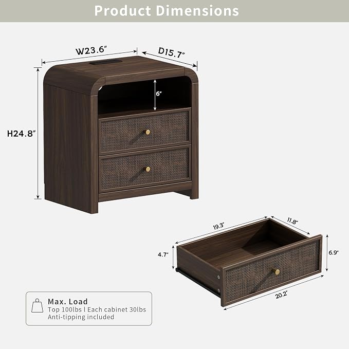Oak&Sparrow Rattan Nightstand, 23.6'' Rattan End Table - Image 2