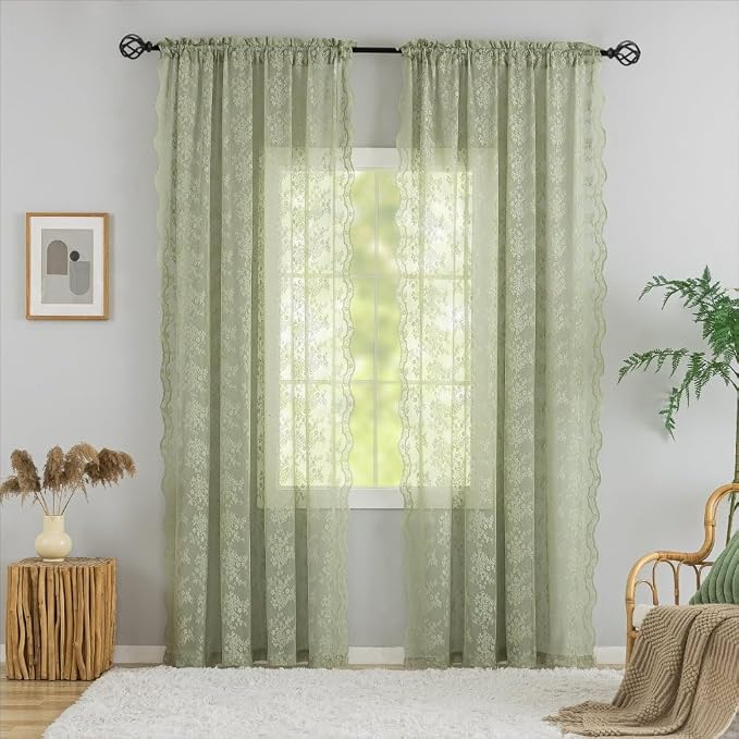 YJ YANJUN Vintage Lace Curtains 96 Inches Long- Victorian Floral Boho Green by YJYANJUN