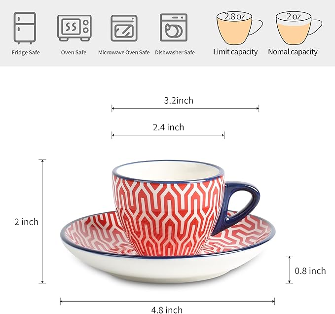 Selamica Ceramic 2 oz Espresso Cups, Small Expresso Coffee Cup Set with Saucers, Porcelain Mini Demitasse Cups for Latte Mocha Tea, Set of 6, Assorted Colors