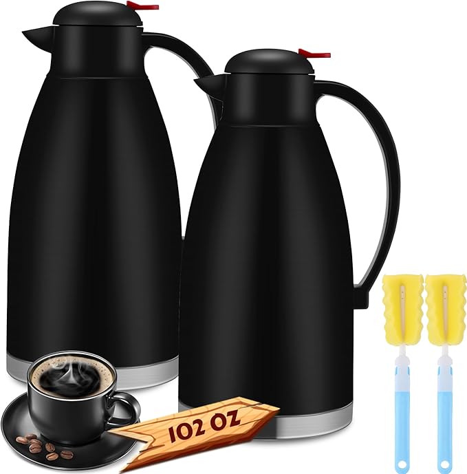 Nuogo 2 Pcs 102 oz Thermal Coffee Carafe Insulated Stainless Steel Carafe Double Walled Vacuum Coffee Thermal Pot with Brush for Home Office Use Keep 24 Hours Hot Water Tea(Black)
