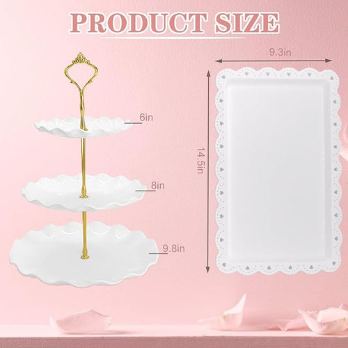5 Pcs Dessert Table Display Set, White Plastic 2 Pcs Round 3 Tier Cupcake Stand Cup Cake Tower Stand with Metal Rod & 3 Pcs Serving Tray for Baby Shower, Tea Party, Wedding, Birthday Party