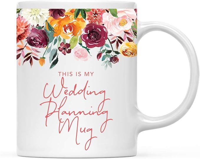 Andaz Press 11oz. Wedding Ceramic Coffee Tea Mug Gift, Fall Autumn Burgundy Orange Peach Flowers Roses Florals, This is My Wedding Planning Mug, 1-Pack, Includes Gift Box