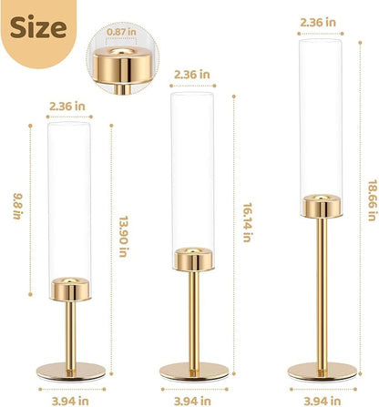 Gold Hurricane Candle Holders Set of 3, Tall Metal & Windproof Glass Taper - Image 4