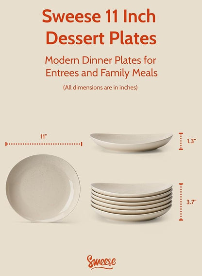 Sweese 11 Inch Porcelain Dinner Plates, Set of 6 - Beige, Vitrified China, Curve Collection, Dishwasher Microwave Safe