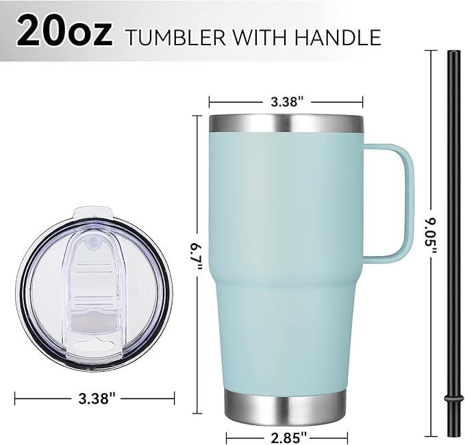 VEGOND 20 oz Tumbler Bulk with Handle Lid and Straw, Stainless Steel Insulated Travel Coffee Mug Set, Spill Proof Double Wall Metal Tumblers Cups, Mint Green 12 Pack