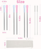 OUTXE Anti Wrinkle Straw 6 Pcs, Flat Wide Drinking Straw for Stanley& Yeti& Owala, Reusable Wrinkle Free Long Stainless Steel Metal Straw for Lip with Cleaning Brush and Carrying Bag