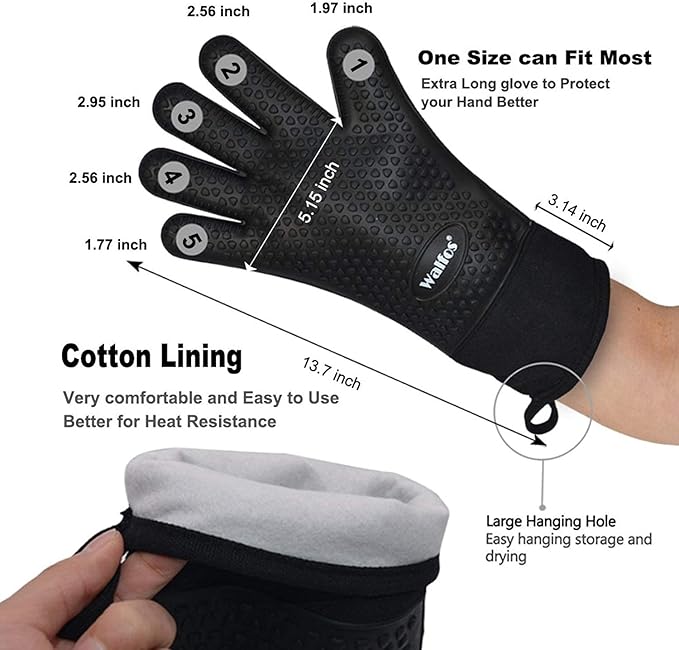Walfos BBQ Gloves - 500°F Heat Resistant Grilling Gloves Set with Meat shredding Claws & Silicone Brush, Non-Slip Kitchen Silicone Oven Mitt, for Barbecue, Cooking, Baking, Cutting, Black