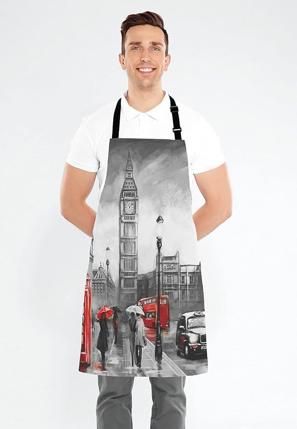 Street view of london Bib Apron with Adjustable Neck for Men Women,Suitable for Home Kitchen Cooking Waitress Chef Grill Bistro Baking BBQ Cobbler Apron