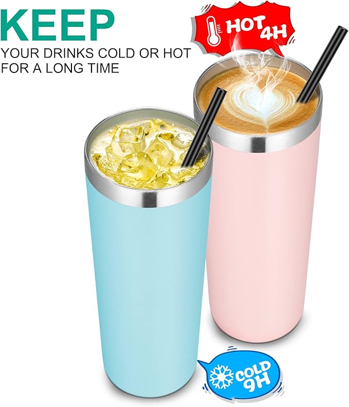 VEGOND Stainless Steel Tumblers Bulk 6 Pack, 20 oz Vacuum Insulated Skinny Tumblers with Lid and Straw, Double Wall Coffee Mug, Travel Water Cup, Light Pink