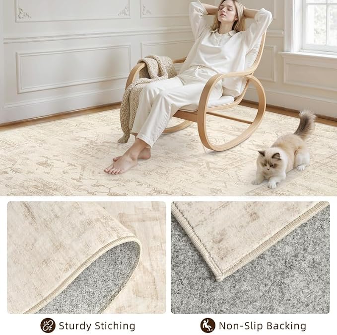 Round Area Rug Living Room: 8ft Washable Carpet Beige/Brown | Vintage Boho - Image 7