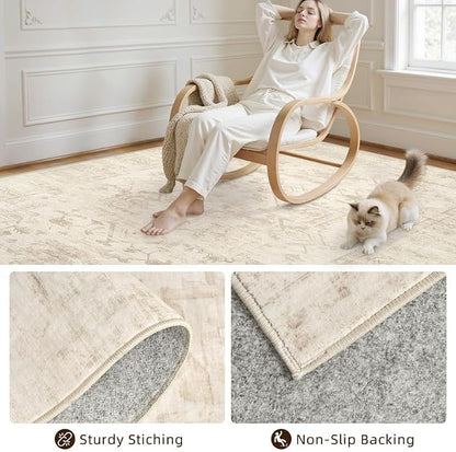 Round Area Rug Living Room: 8ft Washable Carpet Beige/Brown | Vintage Boho - Image 7
