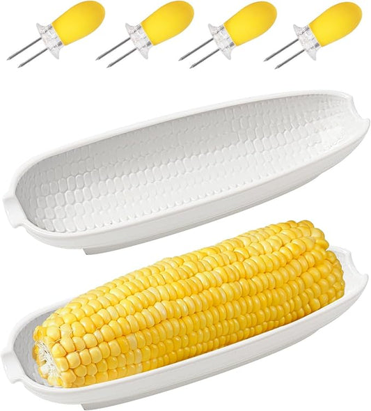 Ceramic Corn Cob Holders, 9" Corn on the Cob Dishes Set of 2, White Corn Cob Dishes with Non-Slip Bottom, With 4 Corn Cob Holders, Microwave Dishwasher Oven Safe