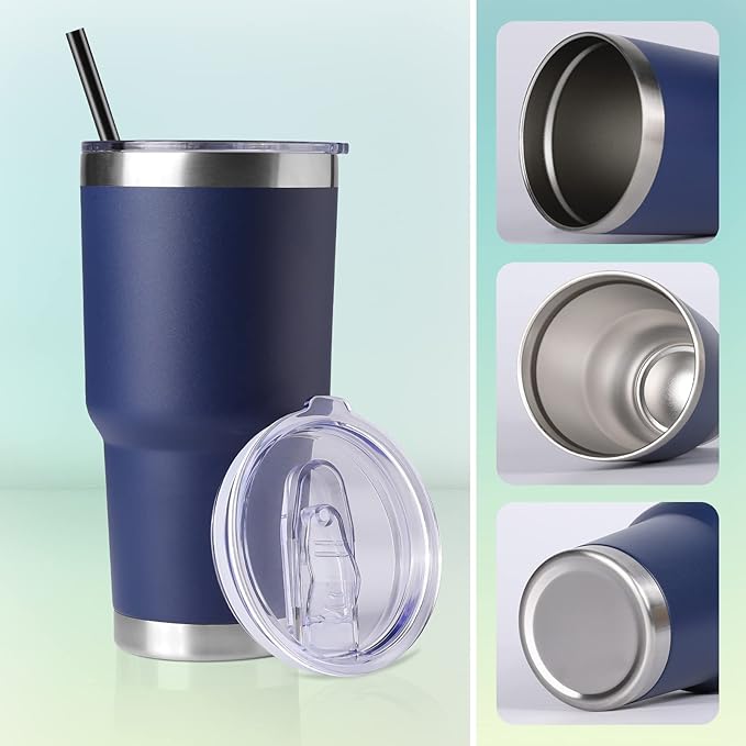 DOMICARE 30 oz Tumbler with Lid and Straw, Stainless Steel Tumblers Bulk, Insulated Vacuum Double Wall Travel Coffee Mug, Durable Powder Coated Tumbler Cups (Navy, 4)