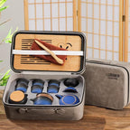 LURRIER Gongfu tea sets, Portable Ceramic TeaSet, Asian Tea sets for adult, Tea Gift sets, Grey leather case, Portable Travel Bag,Home,Gifting,Outdoor and Office(XBlack and Blue)