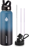 SENDESTAR Water Bottle 40oz Double Wall Vacuum Insulated Leak Proof Stainless Steel Sports Water Bottle—Wide Mouth with New Flex Straw Lid & Spout Lid (Deep Blue&Black)
