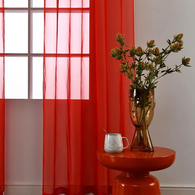 SpaceDresser Sheer Red Curtains 4 Panels Rod Pocket Semi-Sheer Curtain 108 - Image 5