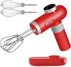 Kitchen in the box Cordless Rechargeable Hand Mixer for Kitchen, Portable Handheld Electric Mixer with Beaters, Whisks, 6-Speed Digital Display, Charging Base and USB-C Charge Cable (Cherry Red)