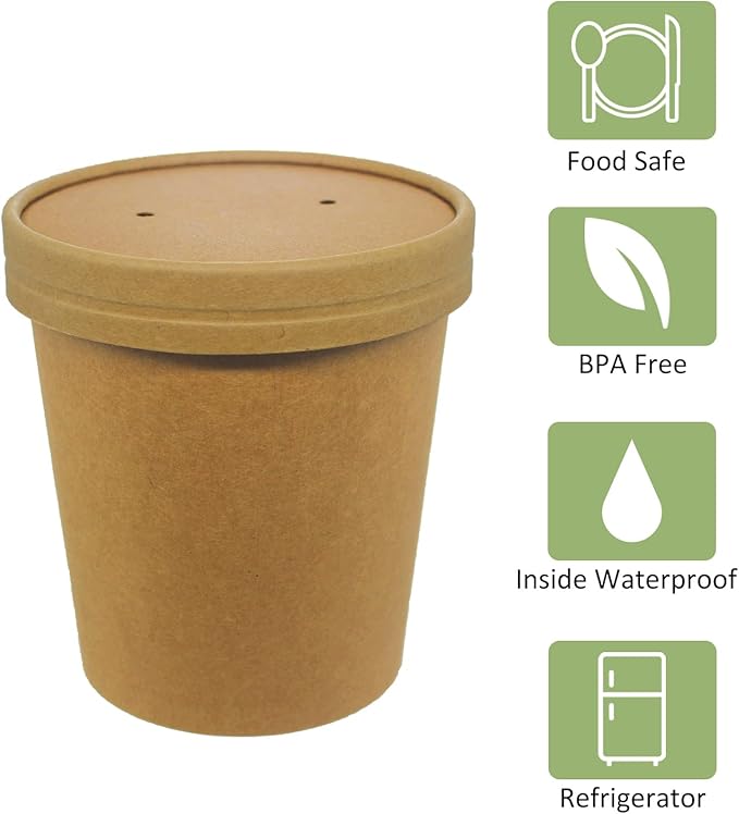 50 SET 16OZ Kraft Dessert Cups with Lids Compostable Paper Food Cup with Vented Lid, Pint Frozen Dessert Containers Ice Cream Cups with Lids, Great For Restaurants, Take Outs, or To-Go Lunch