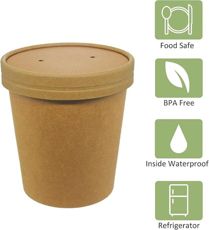 50 SET 16OZ Kraft Dessert Cups with Lids Compostable Paper Food Cup with Vented Lid, Pint Frozen Dessert Containers Ice Cream Cups with Lids, Great For Restaurants, Take Outs, or To-Go Lunch