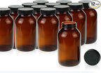 Wide Mouth Packer Bottle, Amber Glass, 500 ML (16 OZ) Capacity with 53-400 Black Polyethylene Screw Cap Lined PE Septa, Package of 12 Units
