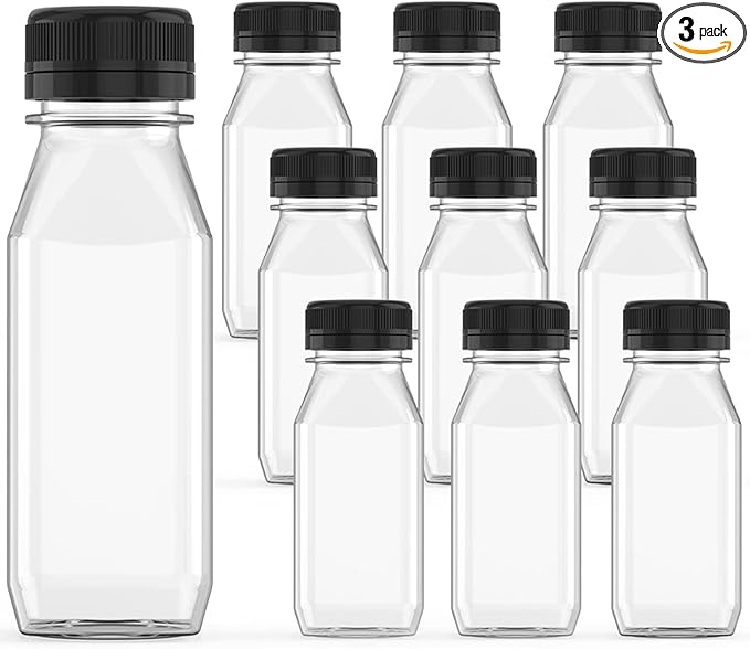 3 Pcs 12 oz Plastic Juice Bottle Reusable Transparent Bulk Beverage Containers with Black Lids for Juice, Drinking Milkshake Tea, Milk, Juicing Smoothie Water and Other Beverages, Fridge Storage