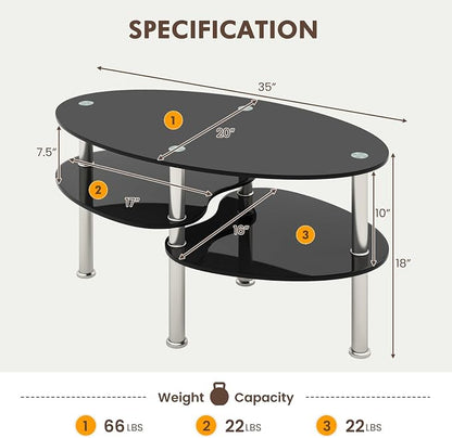 Tangkula Glass Coffee Table, 2-Tier Modern Oval Smooth Glass Tea Table End Table - Image 3