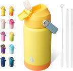 BJPKPK Insulated Water Bottle with Straw Lid, 12oz Thermos Water Bottles with Soft Nozzle, Flex Handle & Non-slip Boot, BPA Free Leak Proof Stainless Steel Metal Thermos, Tumblers, Cups,Yellow