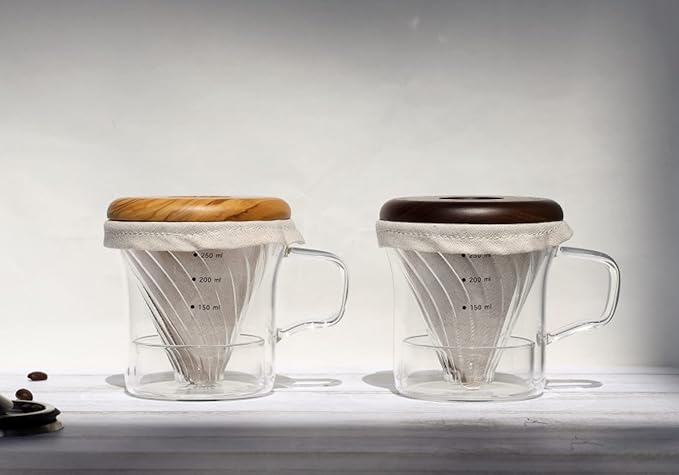 ATHIA Glass Pour Over Coffee Dripper Set, Glass Cone Dripper, Reusable Cloth Filter, Leather Cup Sleeve, Minimal Single Cup SET, for outdoor, office or at home (Olive Wood)