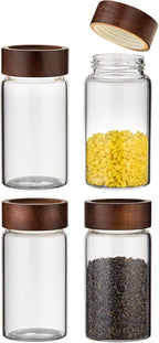 Large Glass Coffee Jars, Round Storage Canister with Wooden Lid Clear Glass Food Jar for Pantry Sugar Tea Coffee Bean Spice Nuts Cookies Bath Salts (4×250ml(8.4oz))