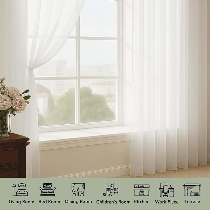 Sheer Curtains 84 Inches Long 2 Panels Set, Ivory Sheer Curtain - Image 4